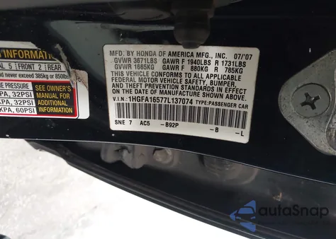 2007 Honda Civic Lx z USA, uszkodzony, nr VIN 1HGFA16577L137074